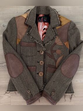 Vintage- Bob Marley Leather Patched Tweed Blazer Bob Marley Silk Lining